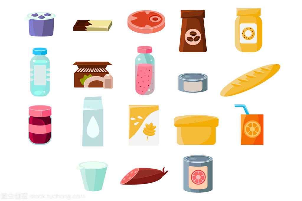 普通日用杂货产品铺石, 食品和饮料在白色背景下的矢量插图